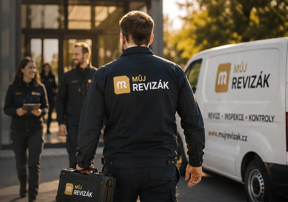 Tým Můj Revizák odchází z budovy k firemní dodávce