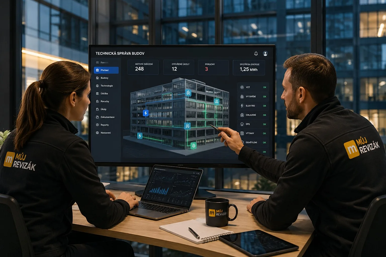 3D model budovy s technologiemi na obrazovce dispečinku